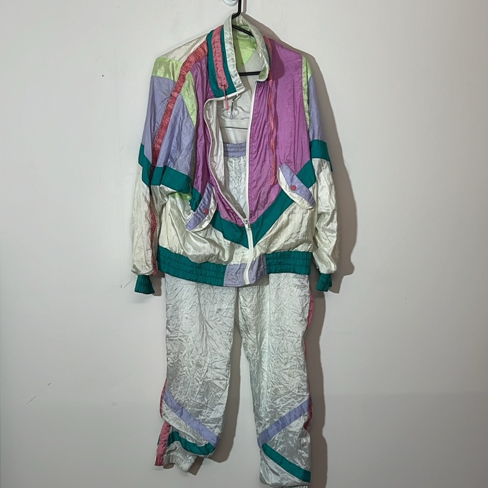 🌞 Clipper Bay vintage 80s 90s white colorful track suit jacket (& pants) women M